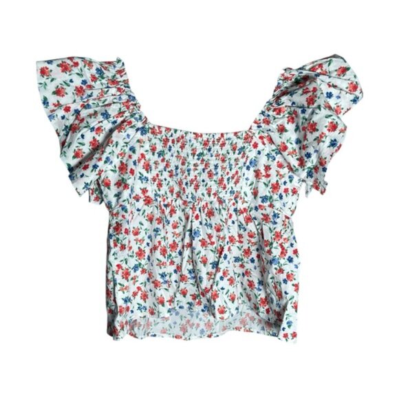 Old Navy Small Petite Blouse Shirt Short Sleeve Floral Ruffle Sleeve Top Crop SP - Picture 7 of 13